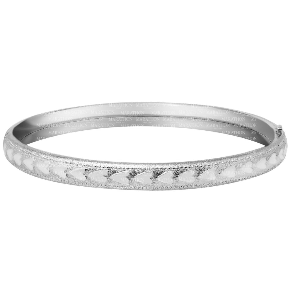 Children's sterling silver bracelet with embossed hearts and beaded edge finish.