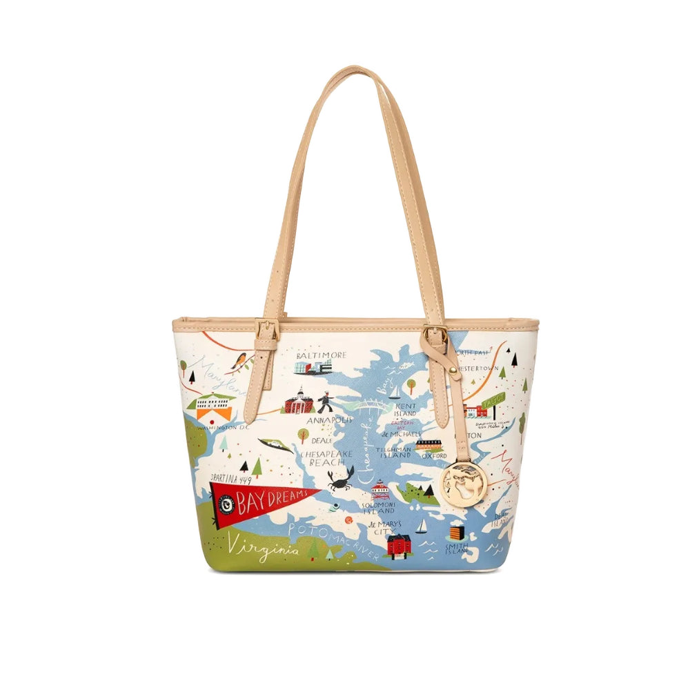 A small tote bag with a colorful map of the Chesapeake Bay on a white background.