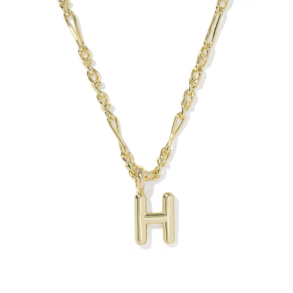 A gold initial necklace featuring a polished letter 'H' pendant on a twisted chain, shown against a plain white background.