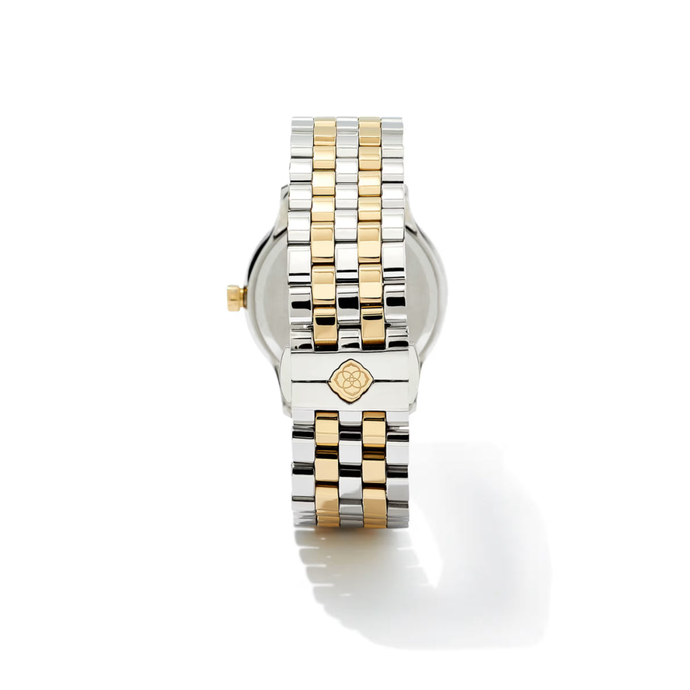 Two-tone watch with silver and gold band on a white background