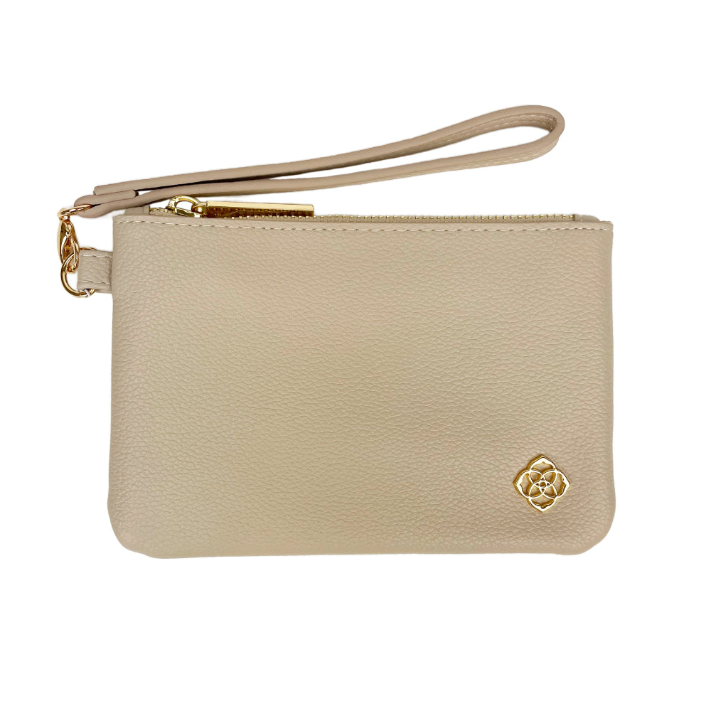 A beige pebbled leather wristlet clutch with a matching wrist strap, gold-tone zipper, and a small gold rose emblem on the front, shown against a plain white background.