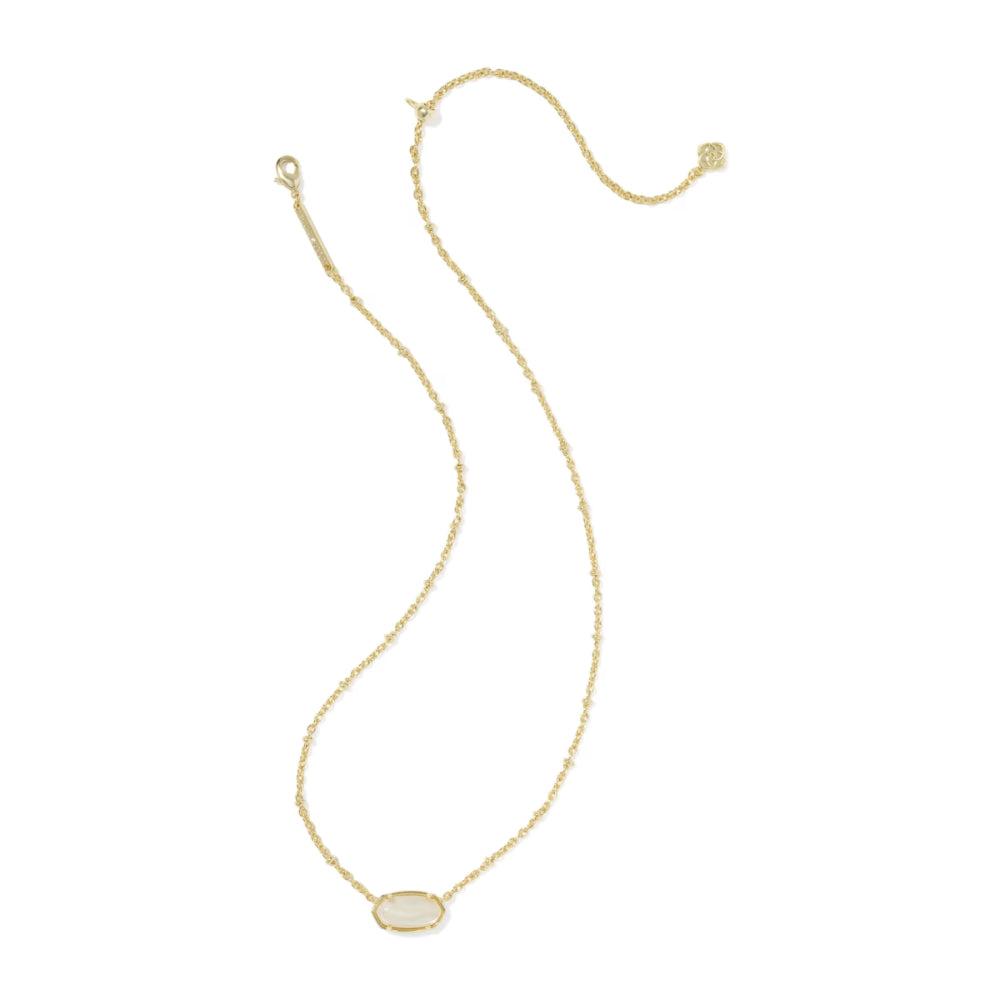 A delicate gold chain necklace with a small oval white stone pendant, displayed on a clean white background.