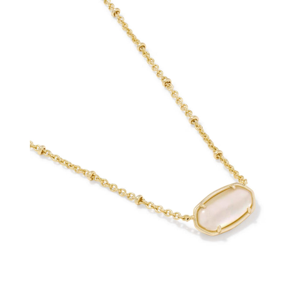 A gold chain necklace with a small oval pale pink stone pendant, displayed on a clean white background.