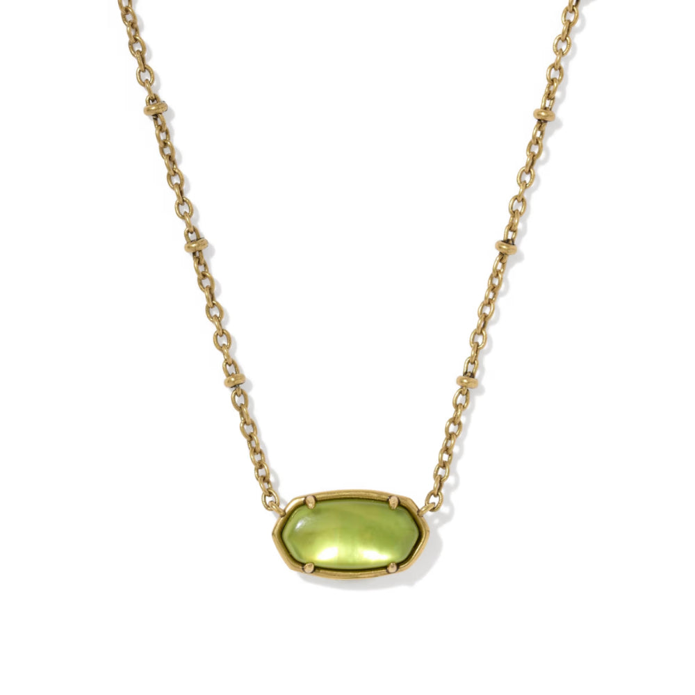 A gold chain necklace featuring a small, rounded rectangular pendant with a smooth, light green cabochon gemstone, set against a plain white background.