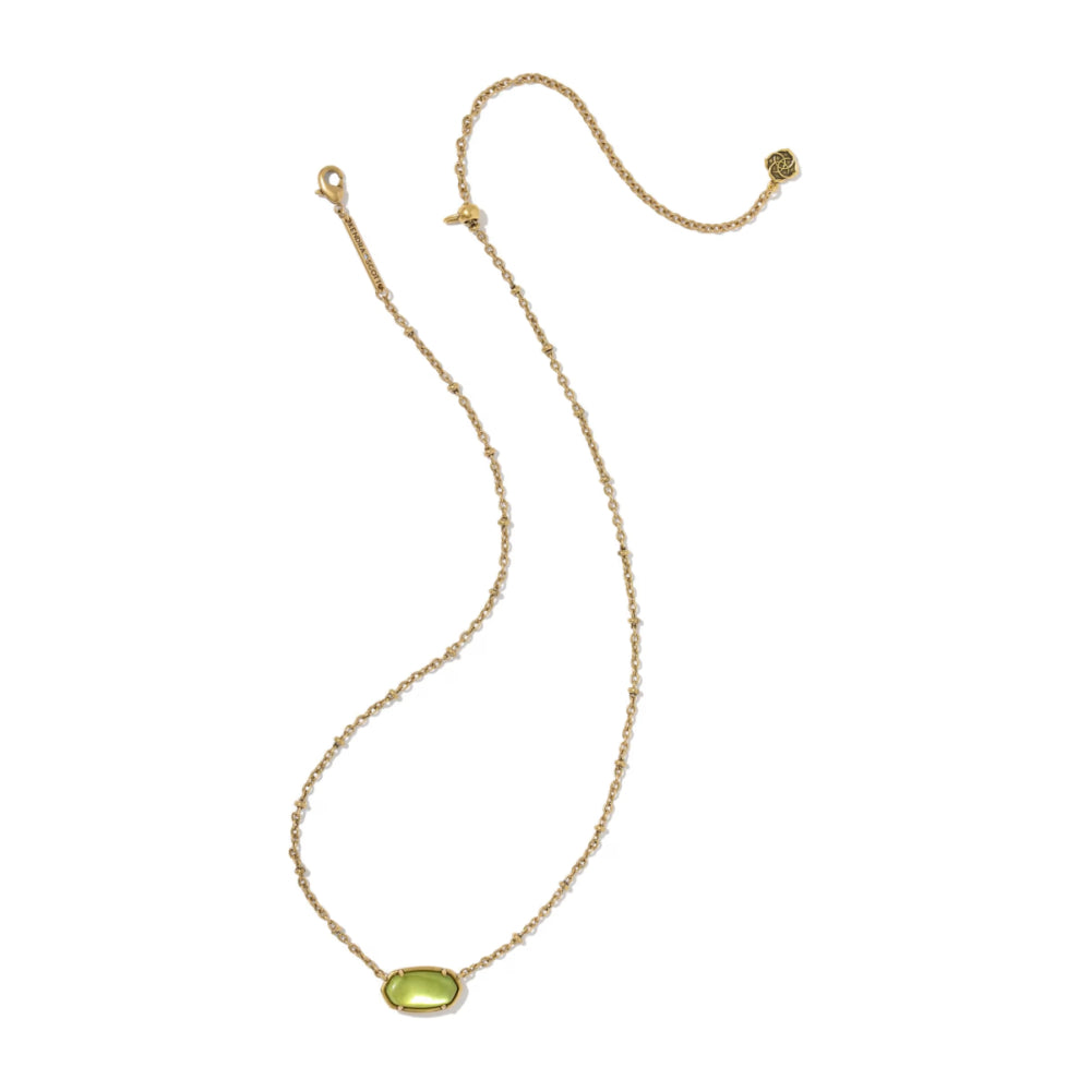 A delicate gold chain necklace featuring a small, polished olive-green oval gemstone pendant, displayed on a clean white background.