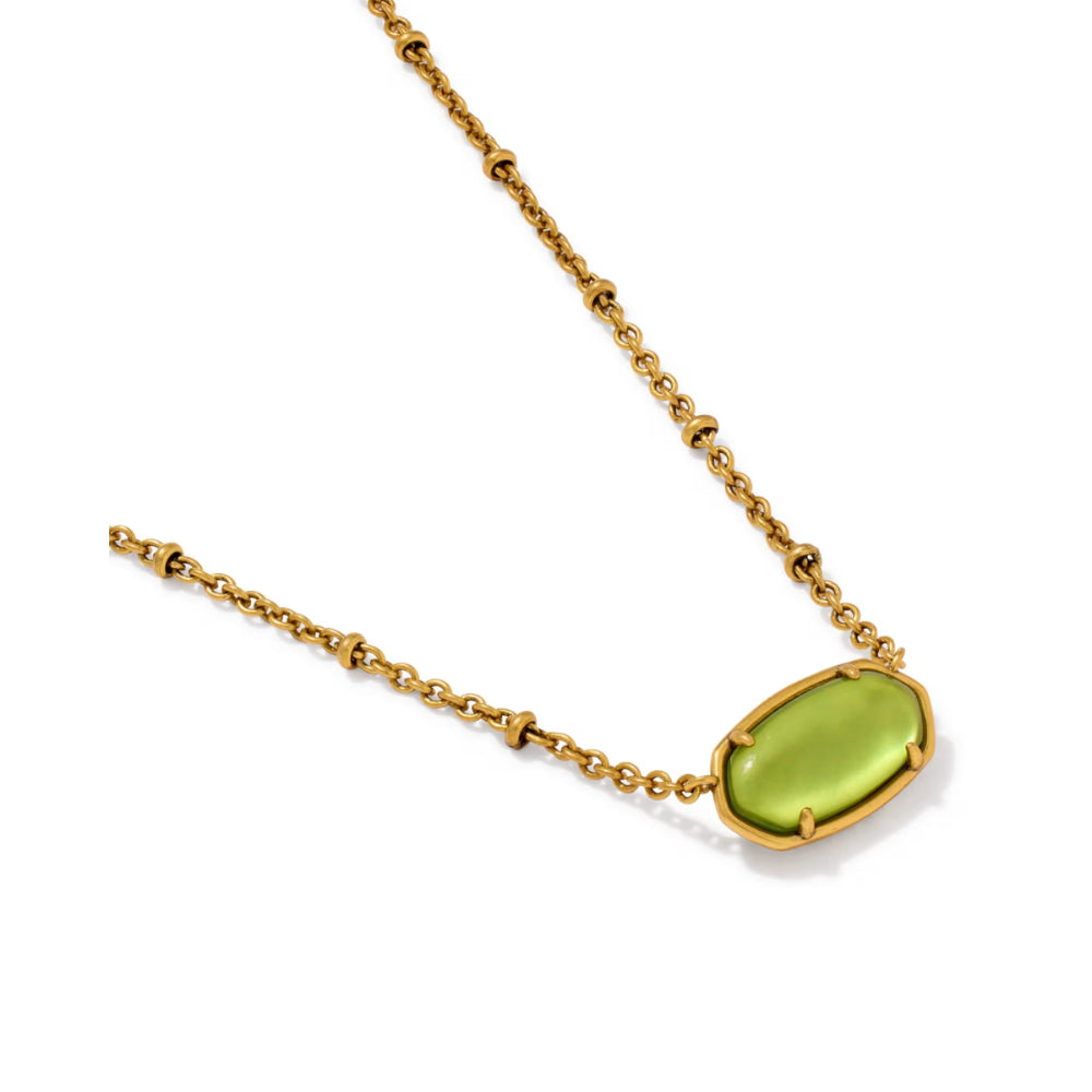 A gold chain necklace featuring a large, rounded, light green cabochon gemstone pendant in a gold bezel setting, shown on a plain white background.