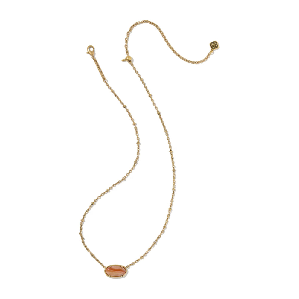 A delicate gold chain necklace featuring a small, horizontally oriented oval pendant with a warm orange-brown center, displayed on a clean white background.