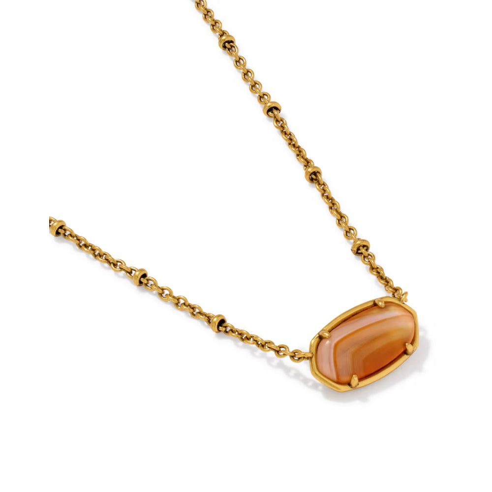 A gold chain necklace featuring a cushion-cut peach agate pendant in a gold bezel setting, displayed on a clean white background.