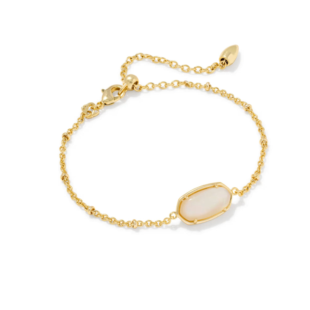 A delicate gold chain bracelet featuring a smooth, oval-shaped cream-colored stone centerpiece, displayed on a clean white background.