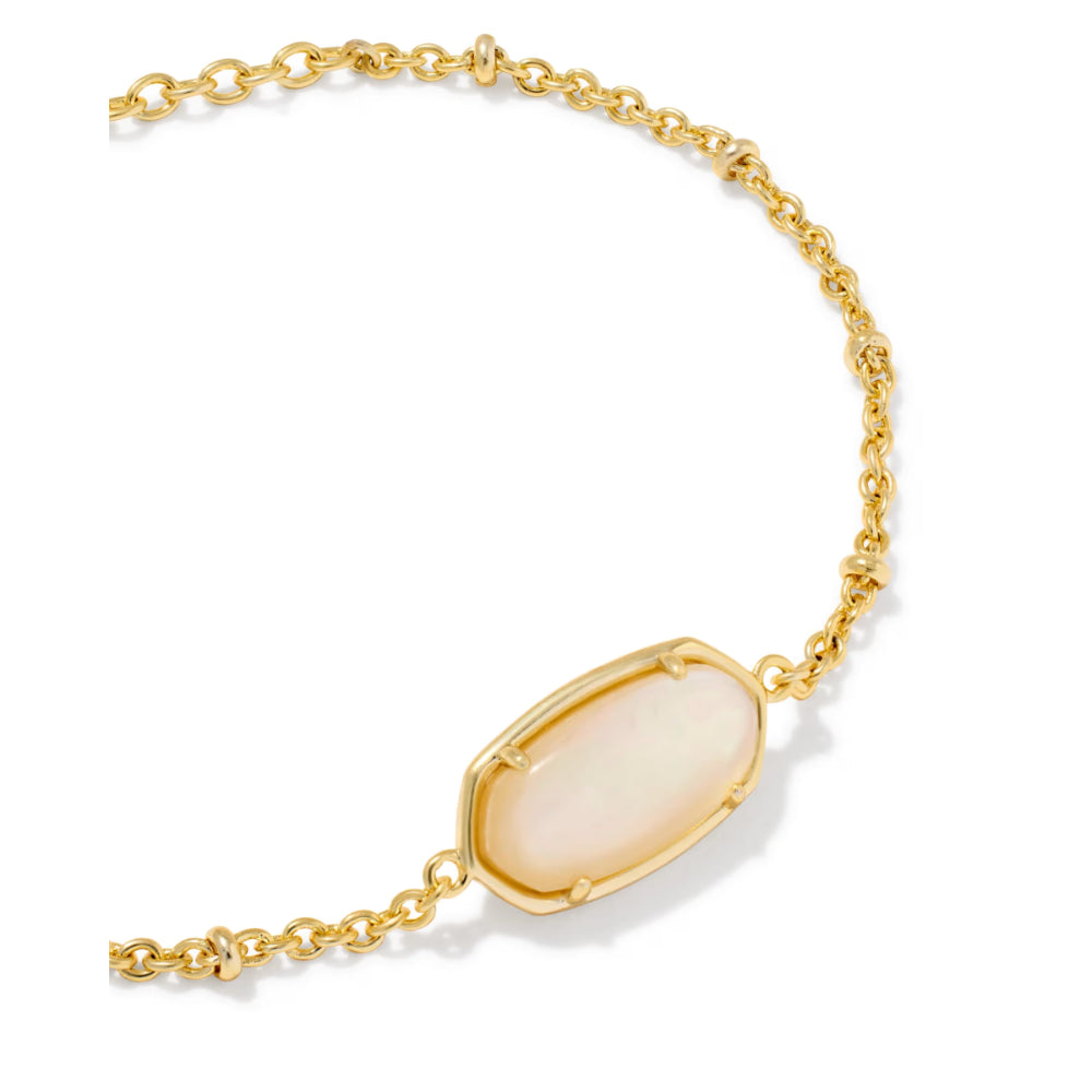 A gold chain necklace featuring a large, oval-shaped pale pink cabochon gemstone in a gold bezel setting, displayed on a clean white background.