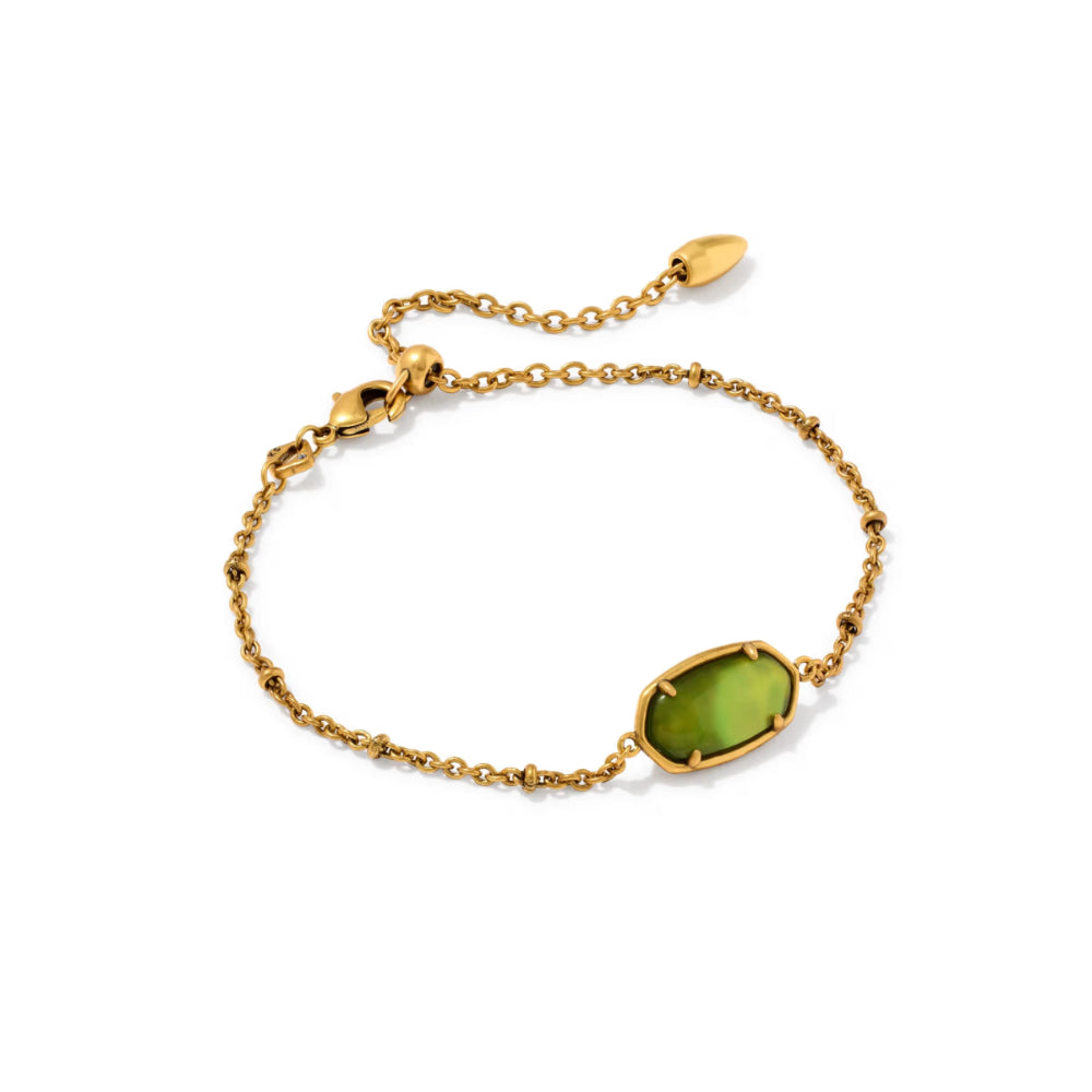 A delicate gold chain bracelet featuring an oval green stone centerpiece, displayed on a clean white background.