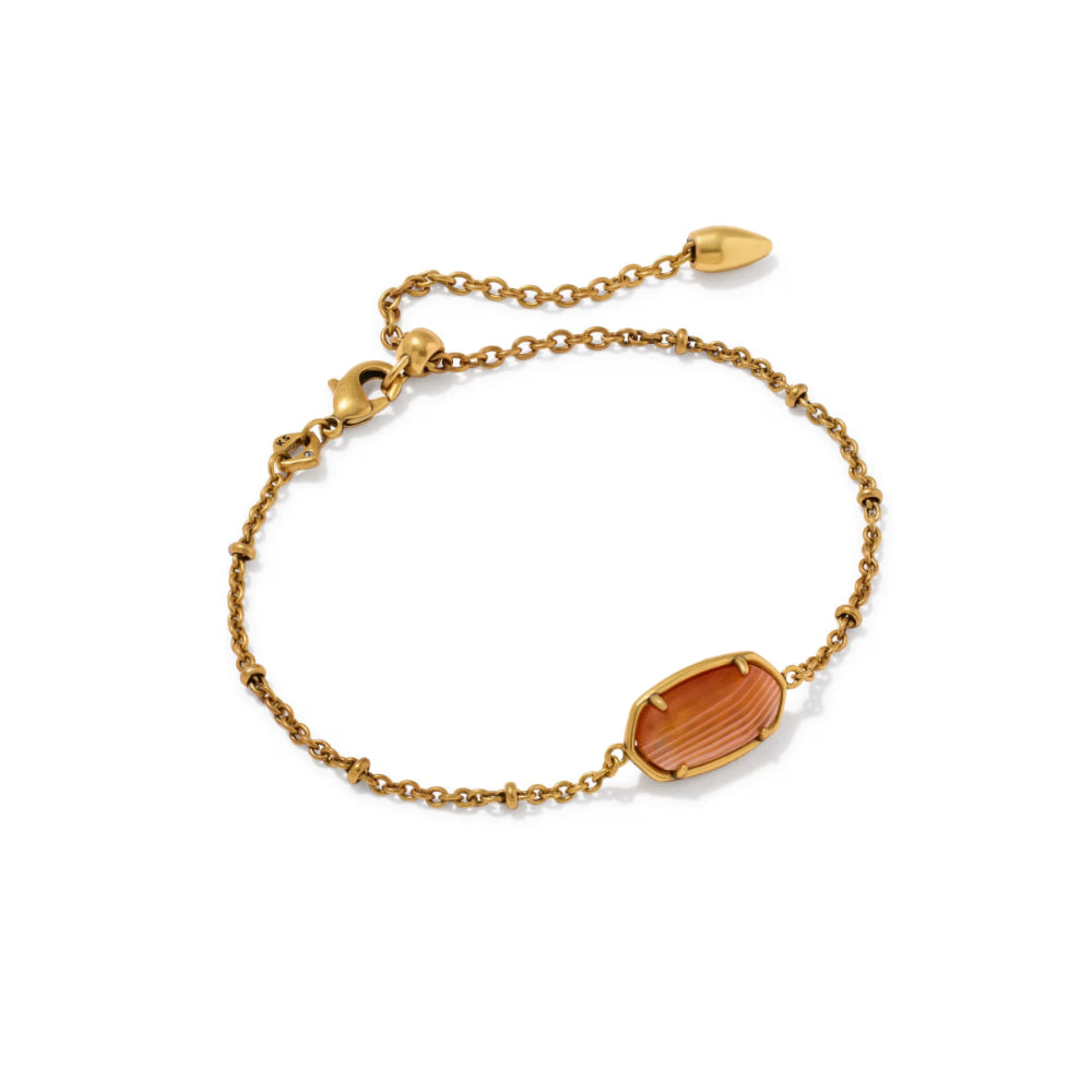 A delicate gold chain bracelet featuring a polished oval orange-brown stone centerpiece, displayed on a clean white background.