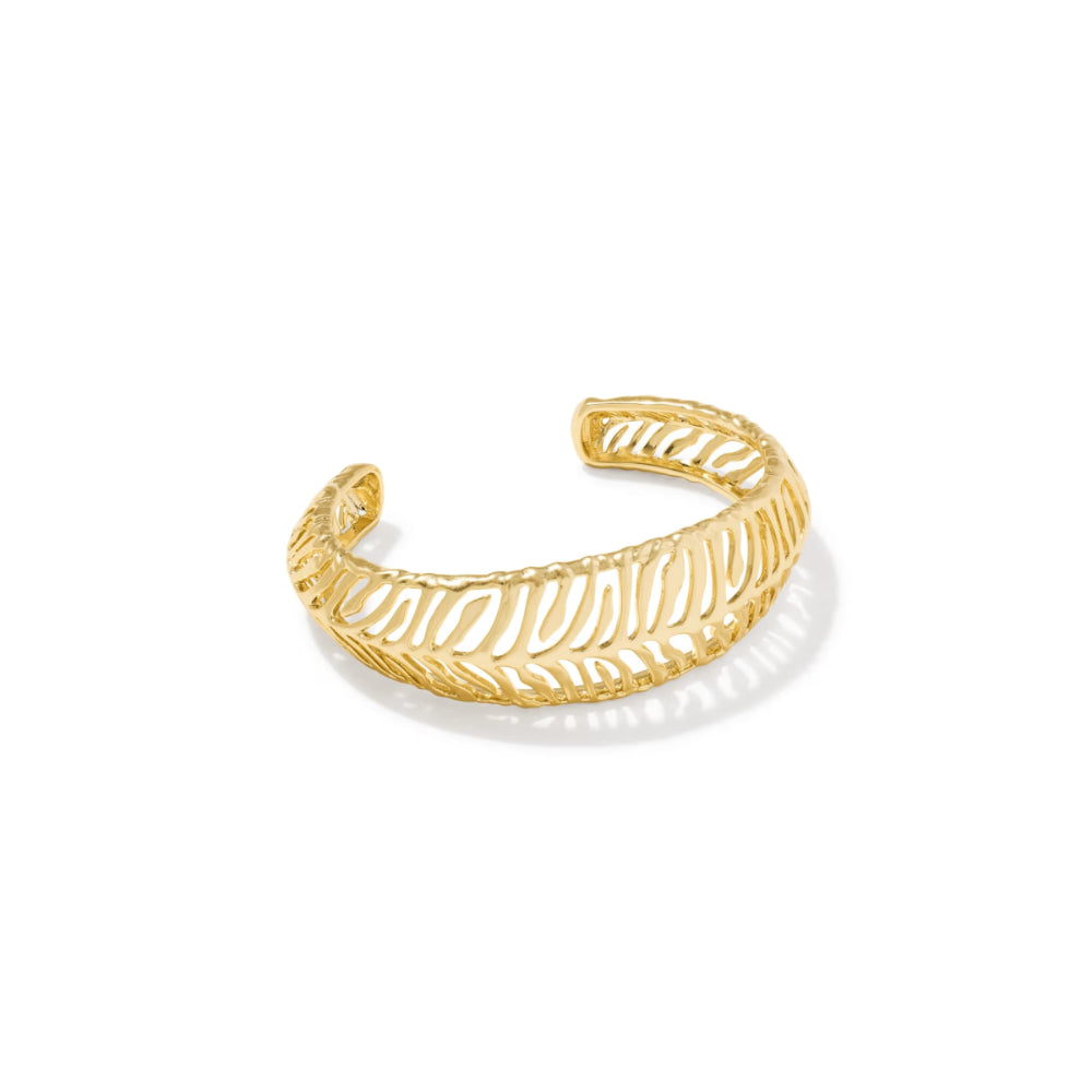 A gold-toned open cuff bracelet with a textured, leaf-like filigree pattern, displayed on a clean white background with a soft shadow.