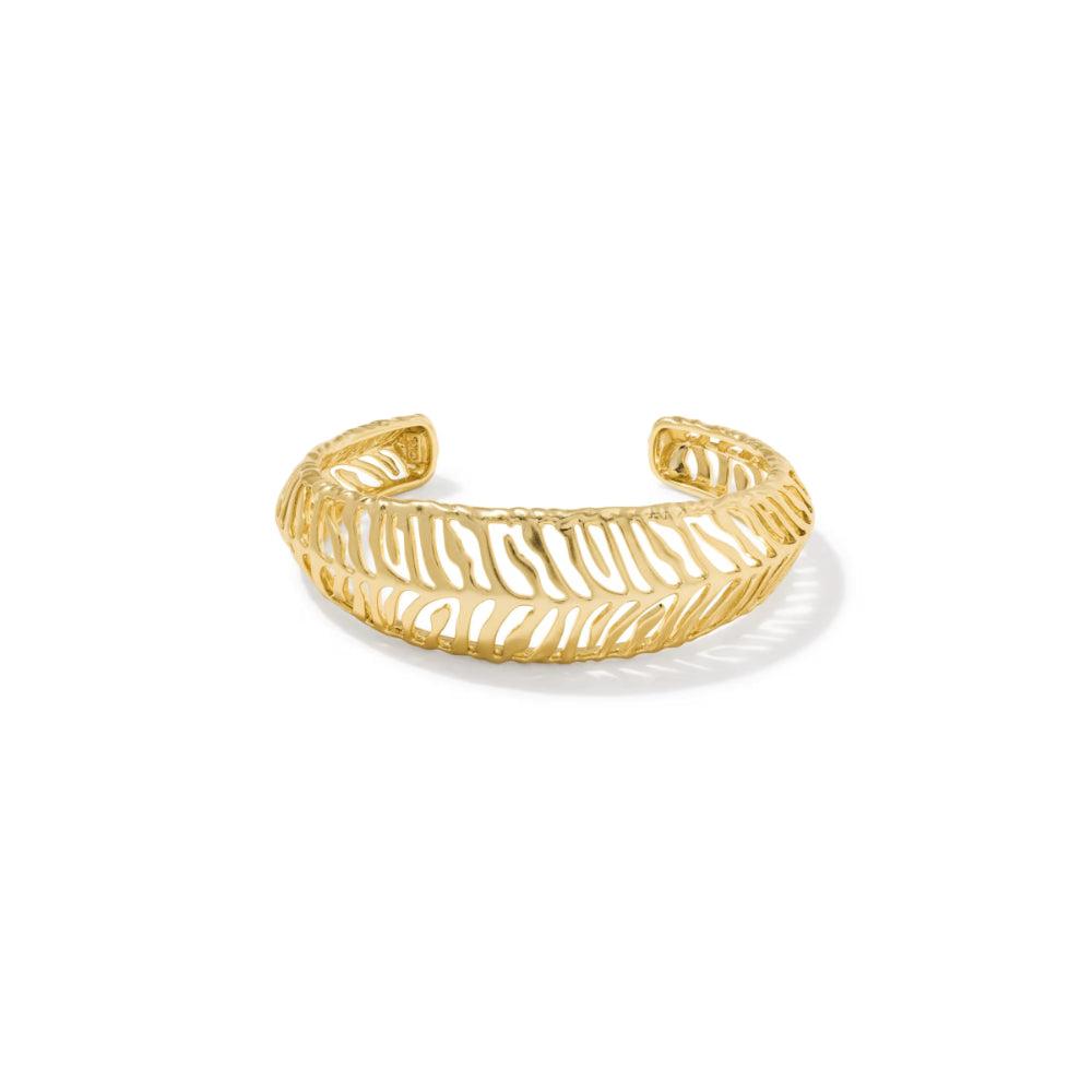 A gold open cuff bangle bracelet with a textured, leaf-like wavy pattern, shown on a clean white background with a soft shadow.