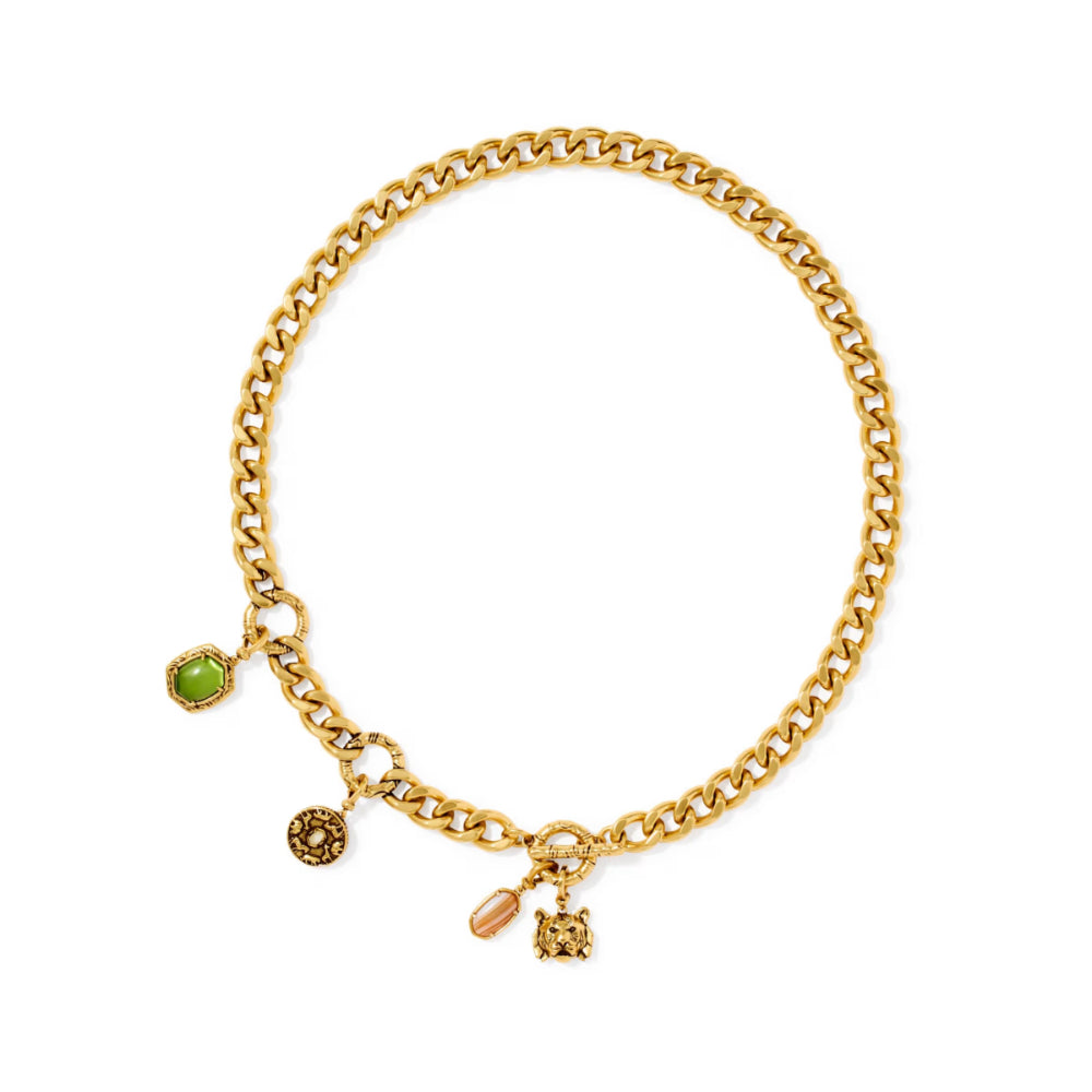 A gold chain necklace with three dangling charms: a green oval stone, a textured gold medallion, and a small gold elephant charm, displayed on a clean white background.