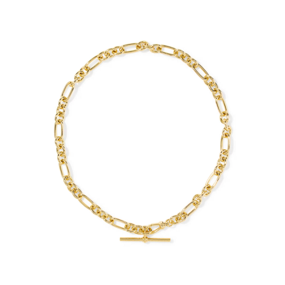 A gold Figaro chain necklace with a toggle clasp, displayed on a clean white background.
