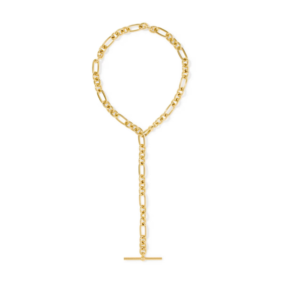 A gold chain necklace with a long drop chain and a horizontal bar pendant, displayed on a clean white background.