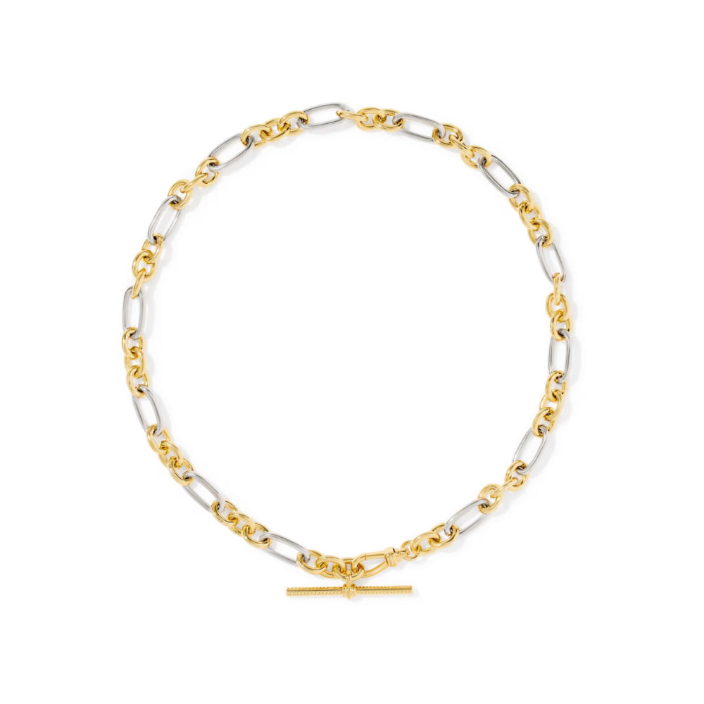 A two-tone gold and silver chain necklace with a bar clasp, displayed on a clean white background.
