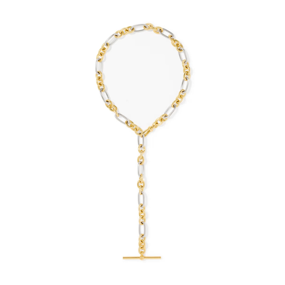 A two-tone gold and silver chain necklace with a long drop chain and a T-bar clasp, shown on a plain white background.