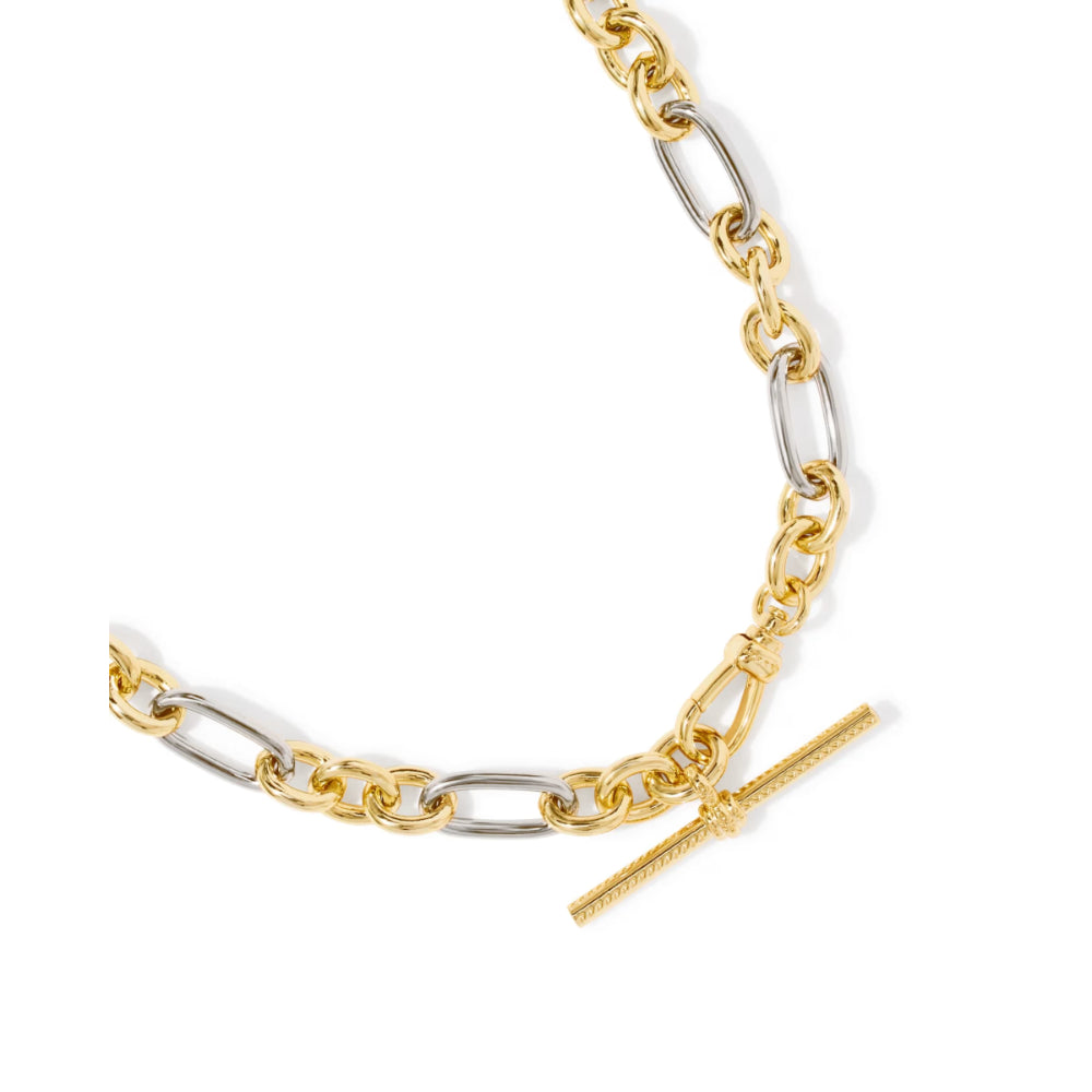 A two-tone chain link necklace featuring a gold and silver hybrid design with a textured gold toggle clasp, displayed on a clean white background.