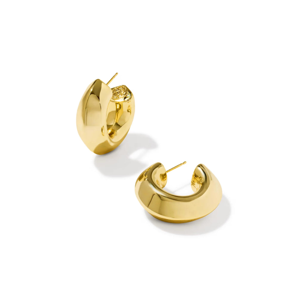 A pair of polished gold huggie hoop earrings shown on a clean white background, displaying both the front curved profile and the back post detail.