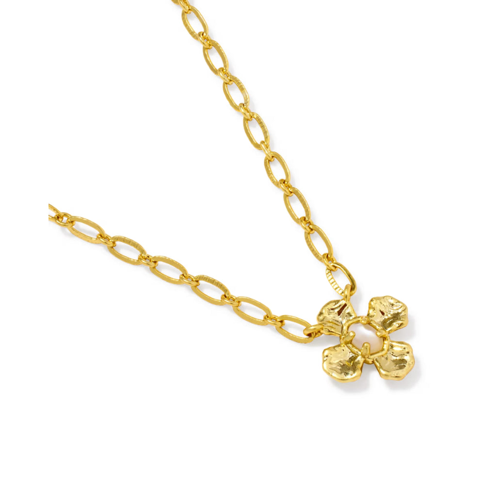 A gold chain necklace featuring a textured, three-petal flower pendant, displayed on a clean white background.