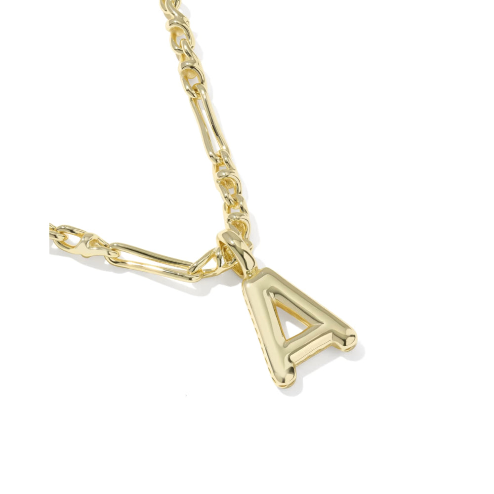 A gold chain necklace featuring a polished capital letter 'A' pendant, shown against a plain white background.