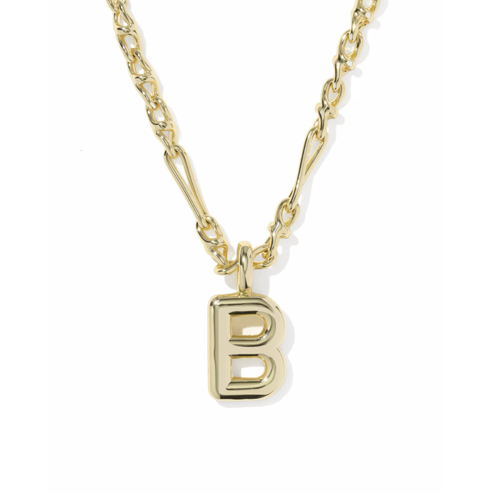 A gold initial necklace featuring a polished capital letter 'B' pendant on a gold chain, shown against a plain white background.
