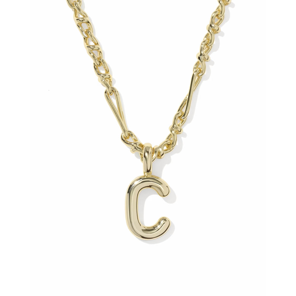 A gold initial necklace featuring a polished letter 'C' pendant on a matching chain, shown against a clean white background.