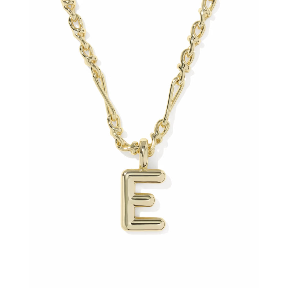 A gold initial necklace featuring a polished letter 'E' pendant on a twisted cable chain, shown against a plain white background.
