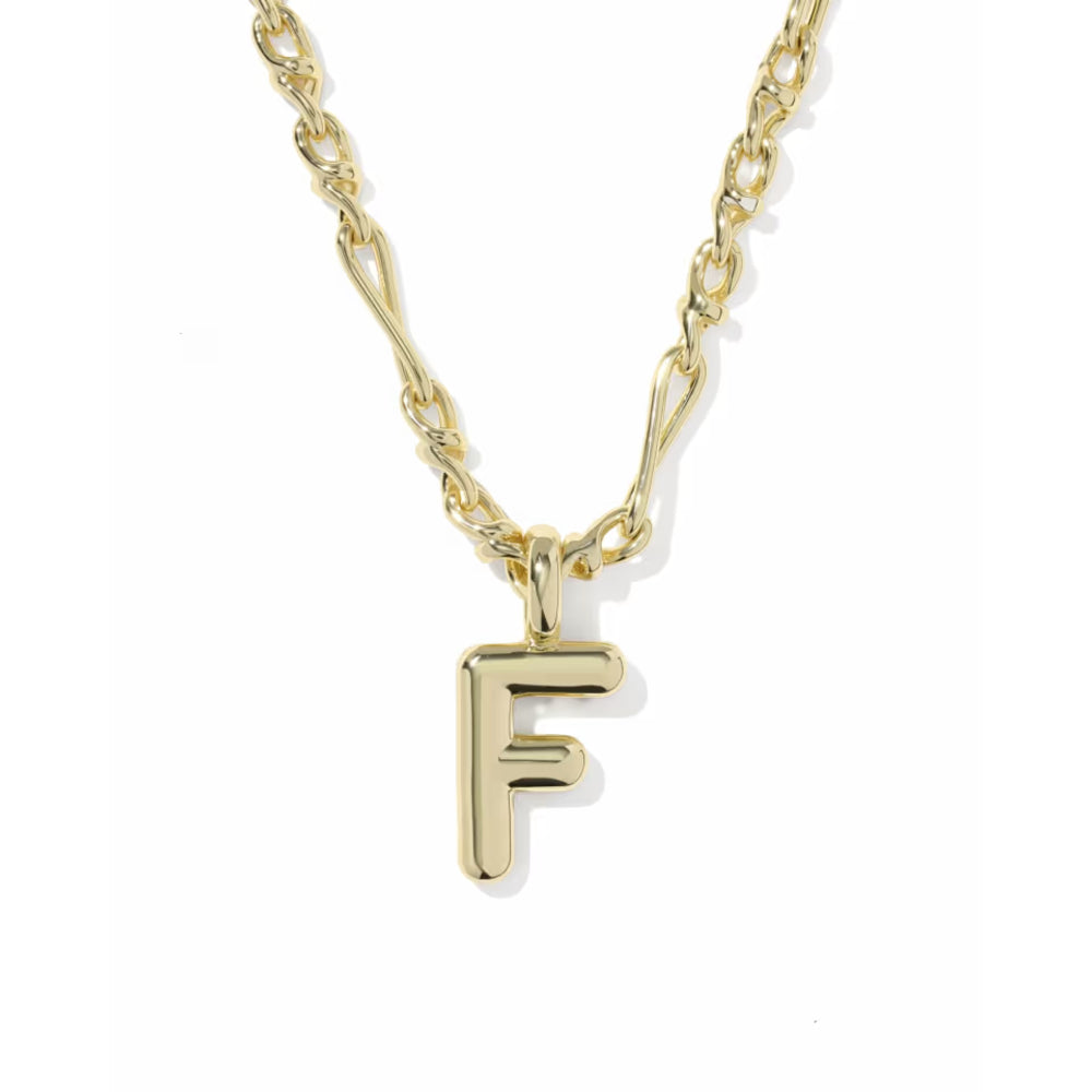 Bubble Letter 'F' pendant on a gold chain necklace on a white background