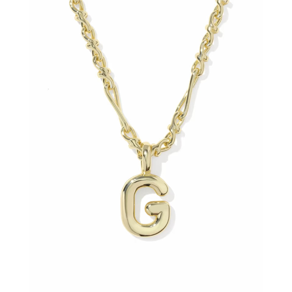 A gold initial necklace featuring a polished letter 'G' pendant on a twisted rope chain, shown against a clean white background.