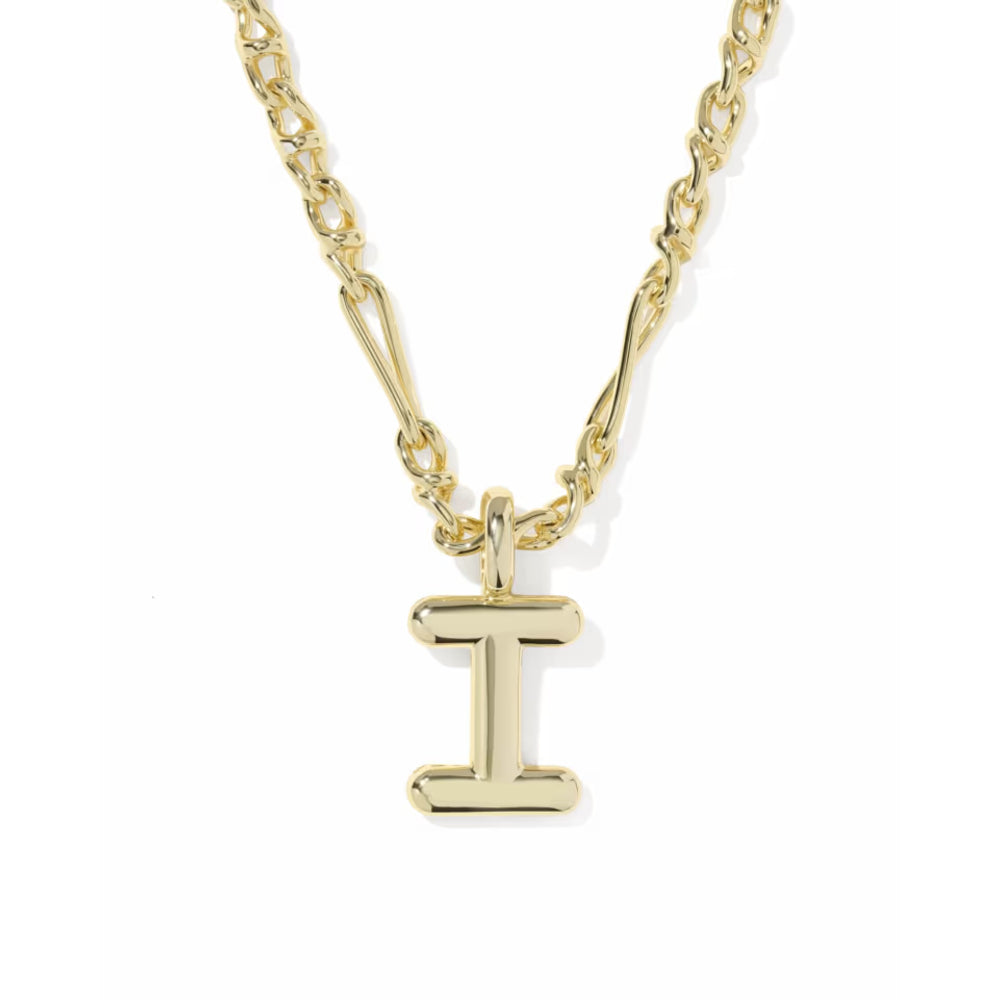 A polished yellow gold initial necklace featuring a letter 'I' pendant on a matching chain, shown against a clean white background.