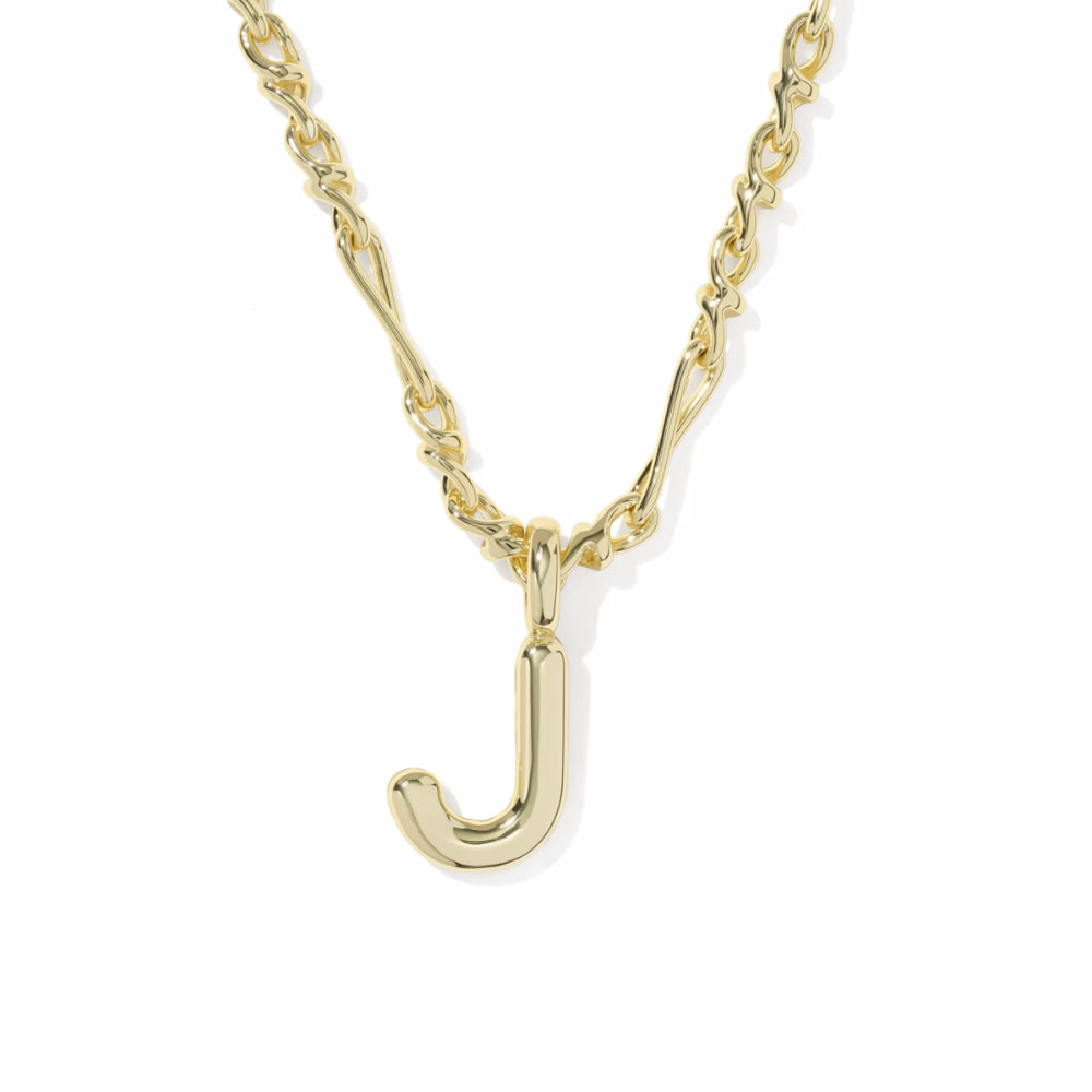 A gold initial necklace featuring a polished letter 'J' pendant on a twisted cable chain, shown against a plain white background.