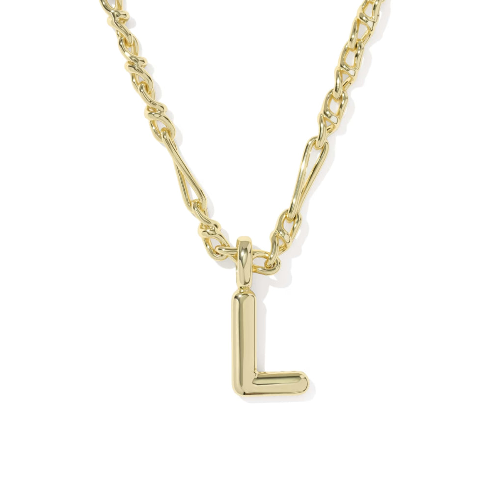 A gold initial necklace featuring a polished, blocky letter 'L' pendant on a multi-link chain, shown against a plain white background.