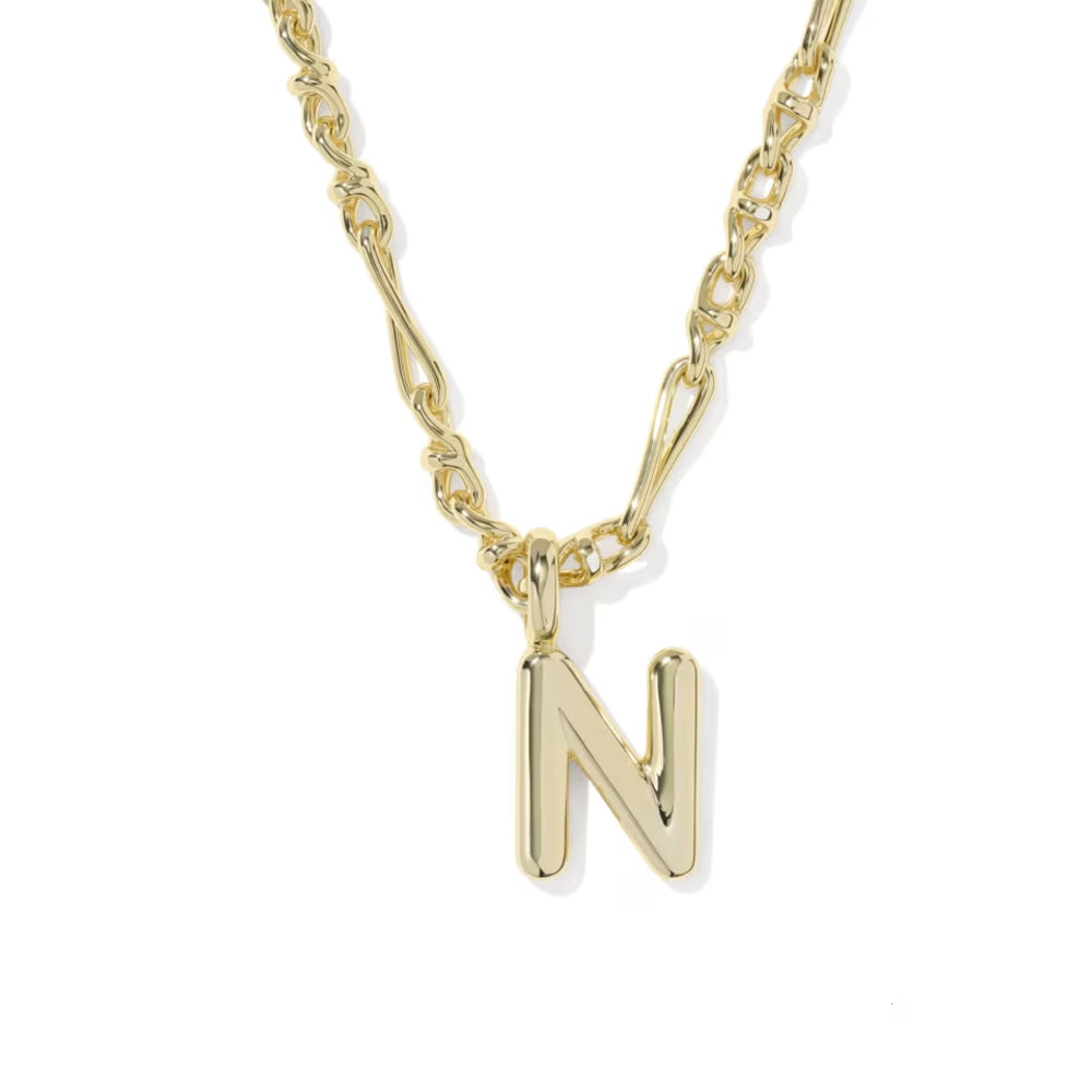 A gold initial necklace featuring a polished letter 'N' pendant on a twisted link chain, shown against a plain white background.