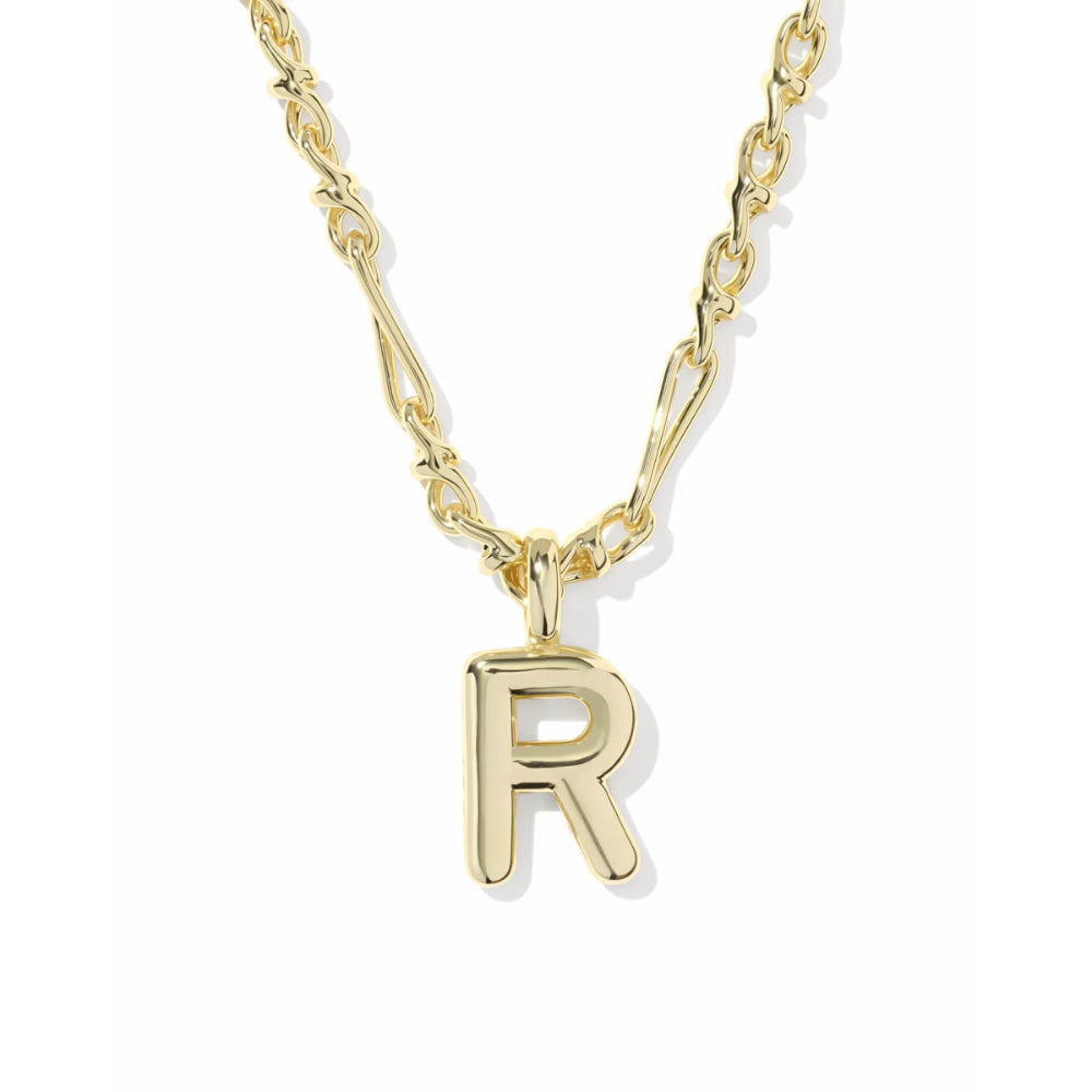 A gold initial necklace featuring a polished capital letter 'R' pendant on a gold chain, shown against a plain white background.