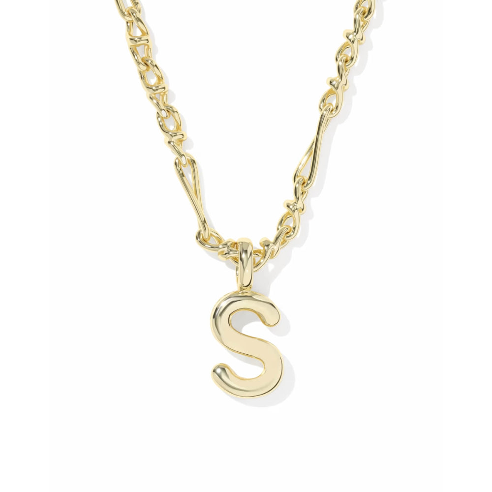 A gold initial necklace featuring a polished cursive letter 'S' pendant on a matching chain, shown against a plain white background.