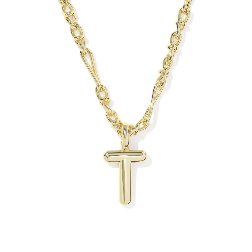 A gold initial necklace featuring a polished capital letter 'T' pendant on a matching chain, shown against a plain white background.