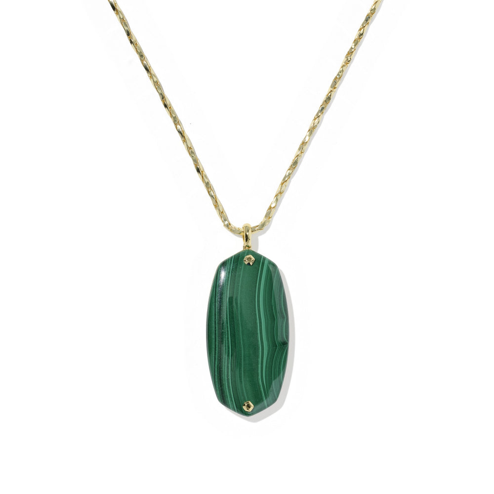 A gold chain necklace featuring a polished green malachite pendant with natural banded patterns, set against a plain white background.