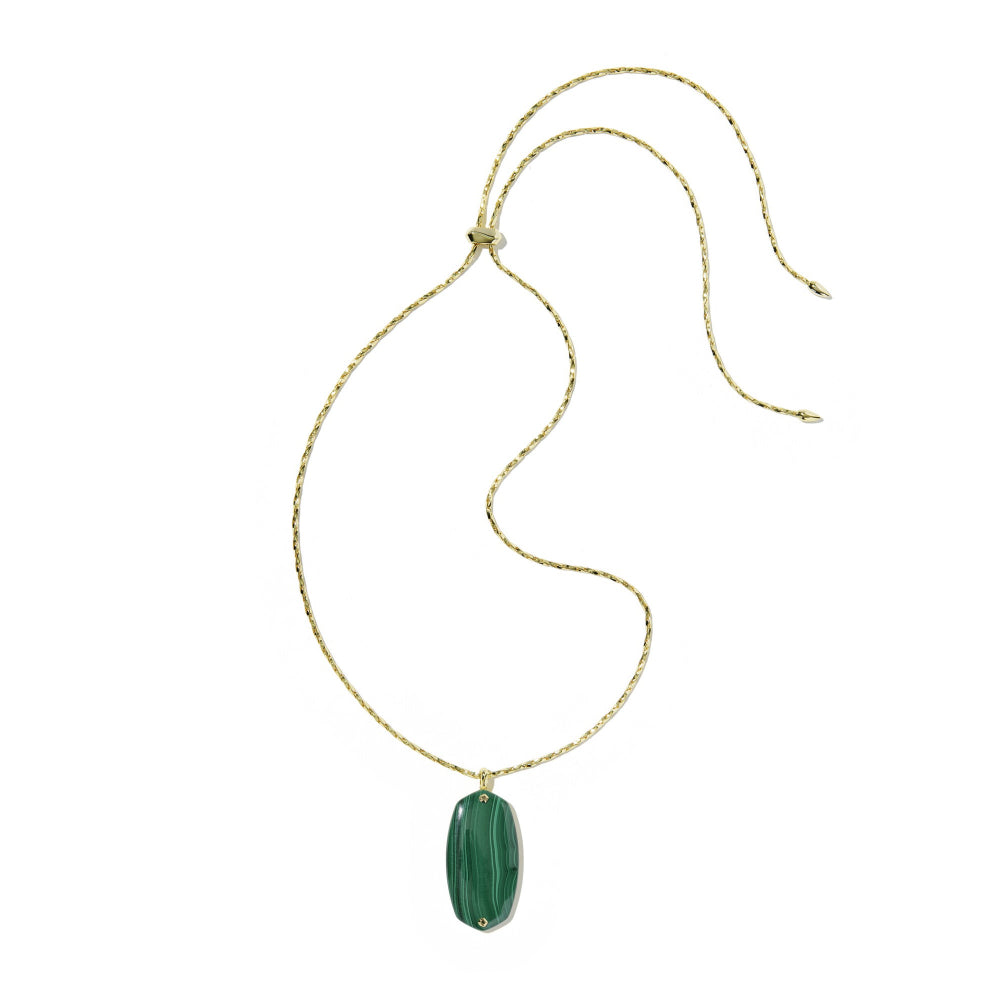 A gold-toned rope chain necklace with a polished green malachite oval pendant, displayed on a clean white background.