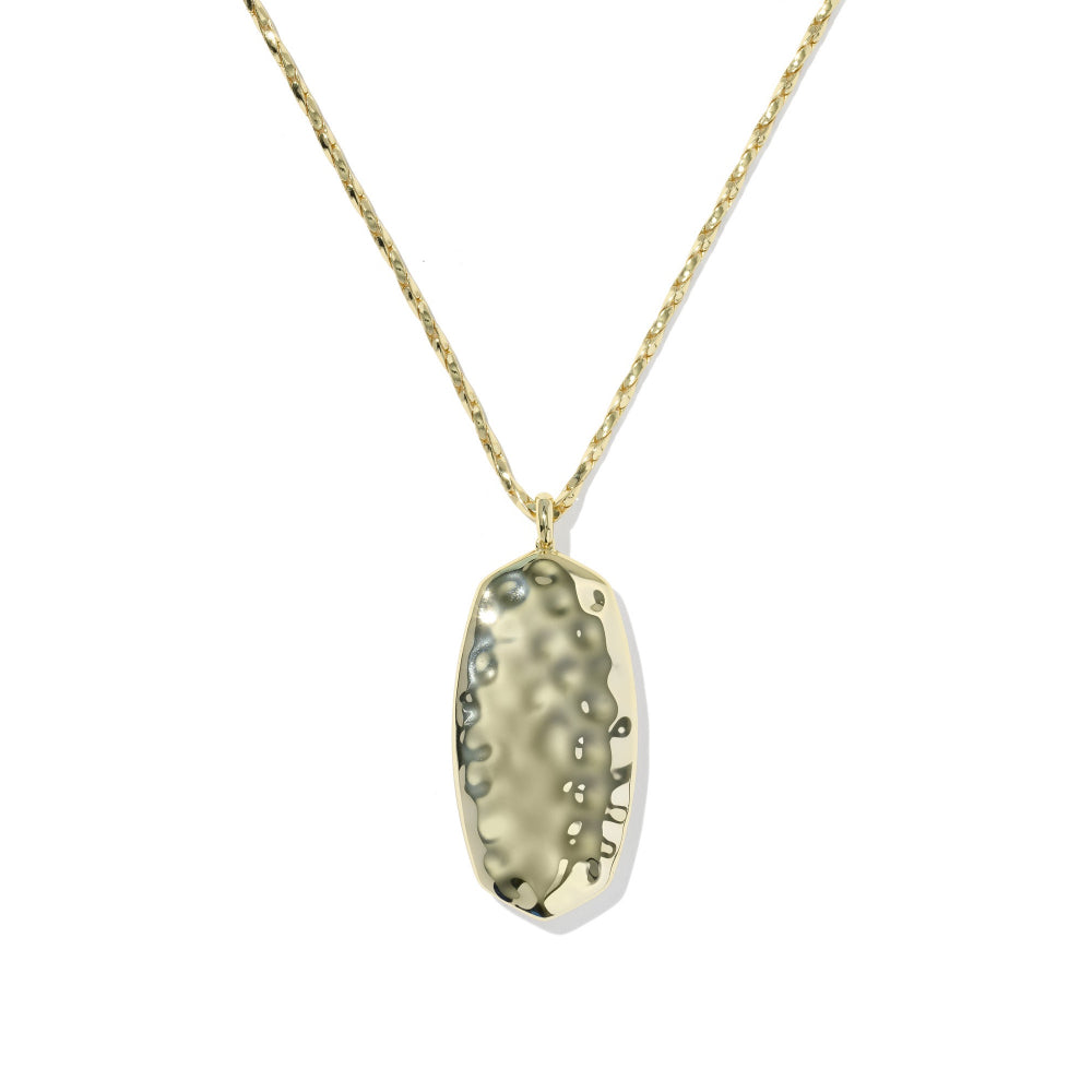 A gold chain necklace with a hammered oval pendant, shown against a plain white background.