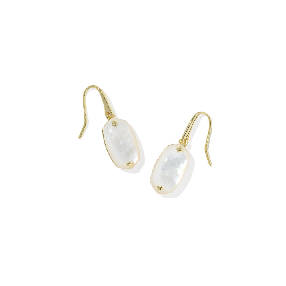 A pair of gold-tone drop earrings featuring irregular, polished white mother-of-pearl stones, displayed on a clean white background.