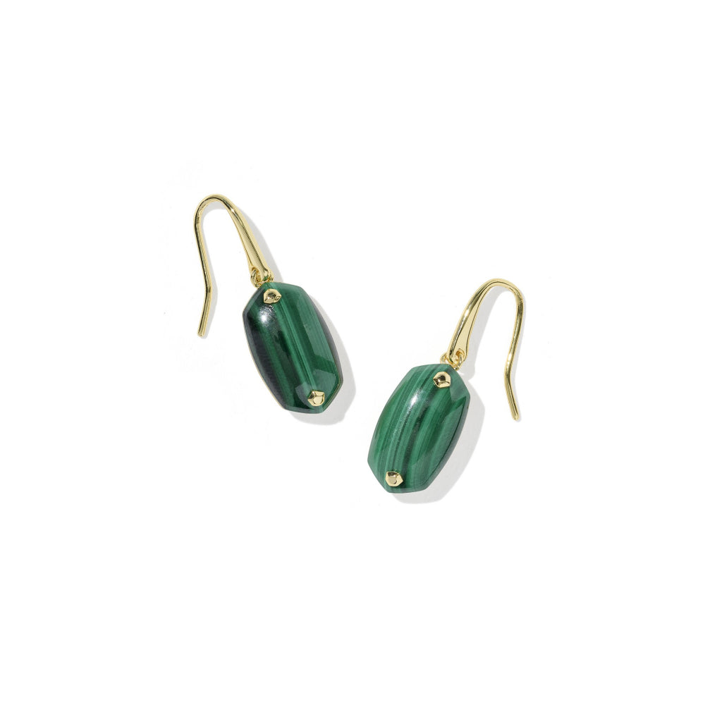 A pair of drop earrings featuring polished green malachite beads suspended from gold-tone French hooks, set against a plain white background.