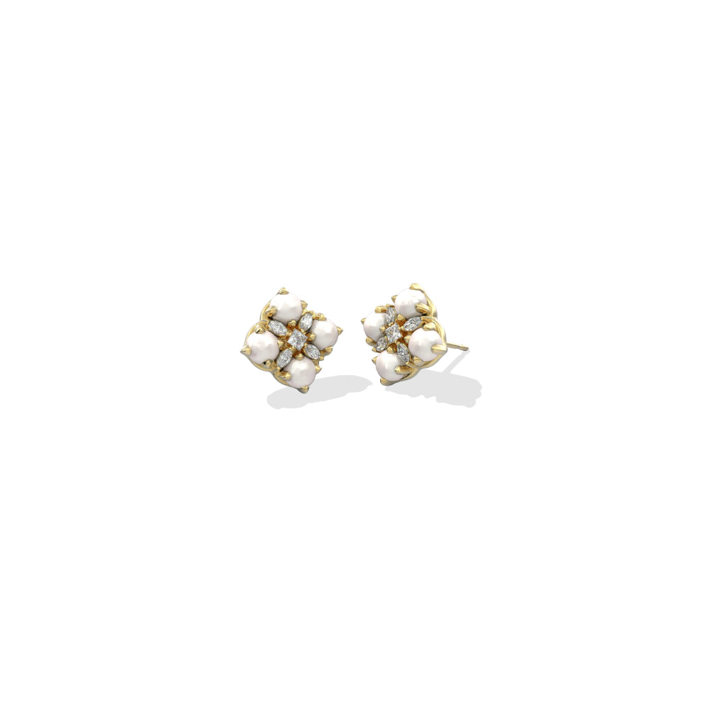 A pair of gold stud earrings with white pearl-like floral clusters, shown on a plain white background.