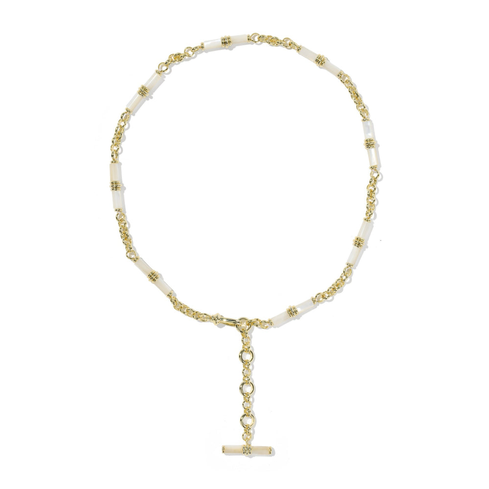 A delicate gold chain necklace featuring alternating white cylindrical beads and small gold floral accents, with a matching gold T-bar clasp hanging from the center.