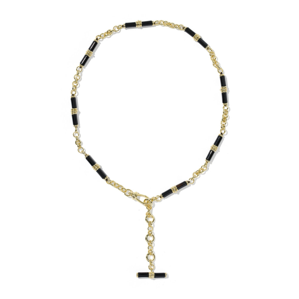 A gold-tone chain necklace with alternating black cylindrical beads and a matching T-bar closure pendant, displayed on a clean white background.