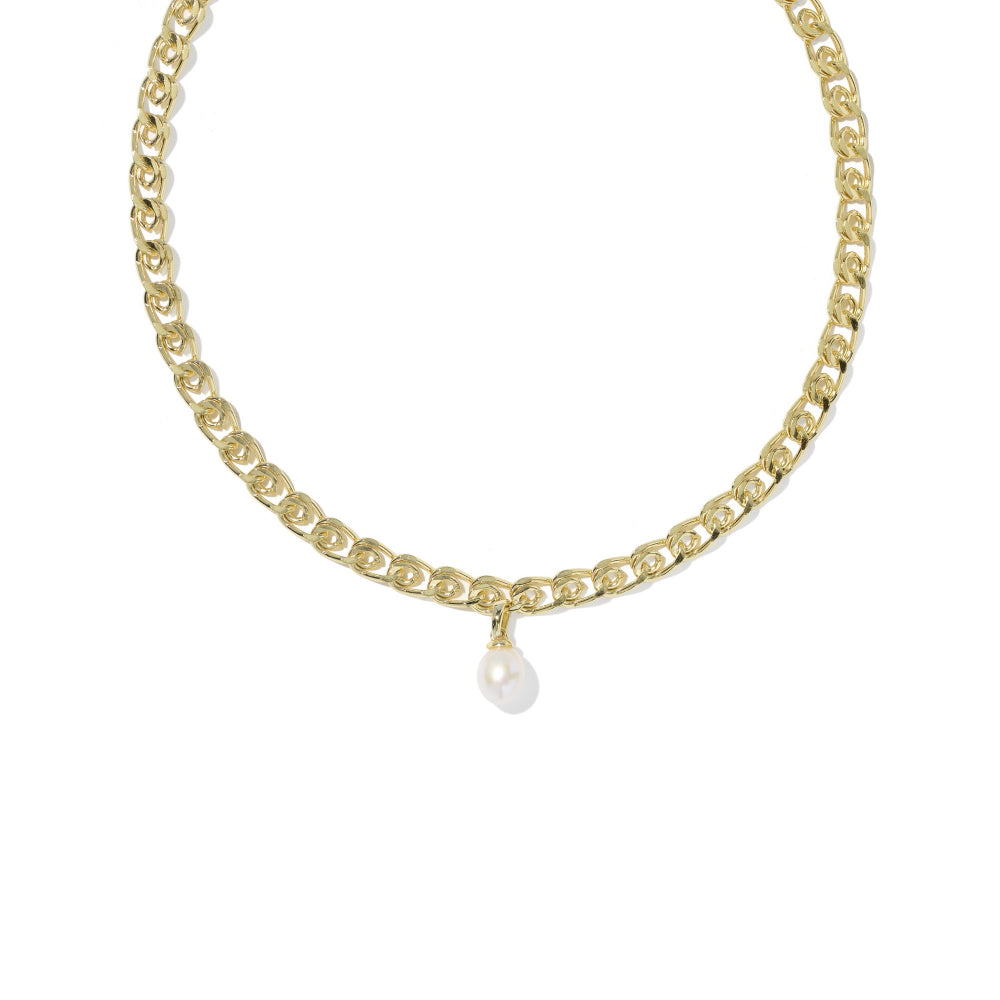 A gold chain necklace featuring a small, teardrop-shaped white pearl pendant, displayed against a solid white background.
