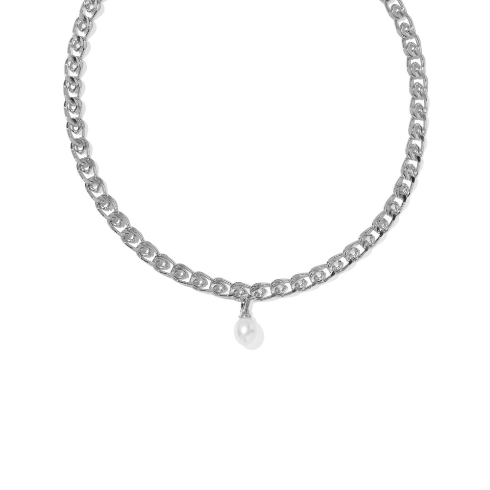 A silver-toned curb link chain necklace with a small, teardrop-shaped white pearl pendant, shown against a plain white background.