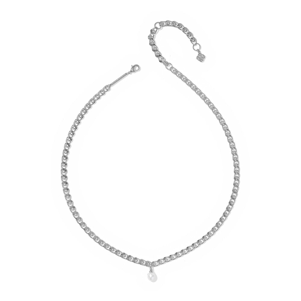 A silver-toned chain necklace with a delicate curb link design, adorned with small clear stones along the curve, featuring a small teardrop crystal pendant at the bottom center. The necklace is displayed on a clean, solid white background.